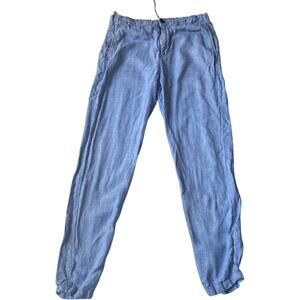 Linen Blend Jogger Pants Blue Elastic Cuff Pull-On